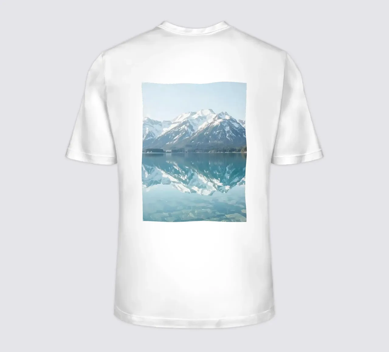 Snow-capped Mountains Reflected in a Calm Lake with Forested t-shirt by DesignDoodle