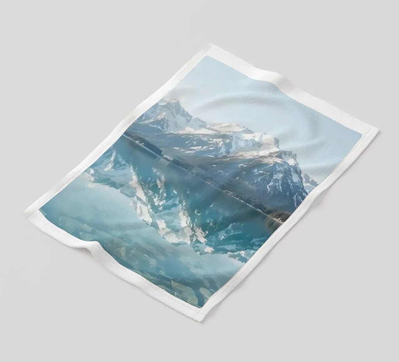 Snow-capped Mountains Reflected in a Calm Lake with Forested fleece blanket by DesignDoodle