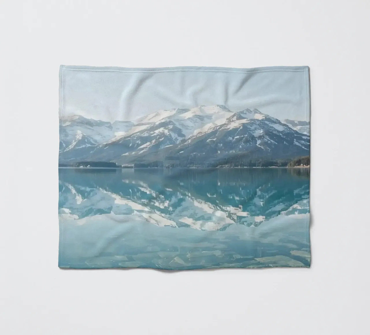 Snow-capped Mountains Reflected in a Calm Lake with Forested fleece blanket by DesignDoodle