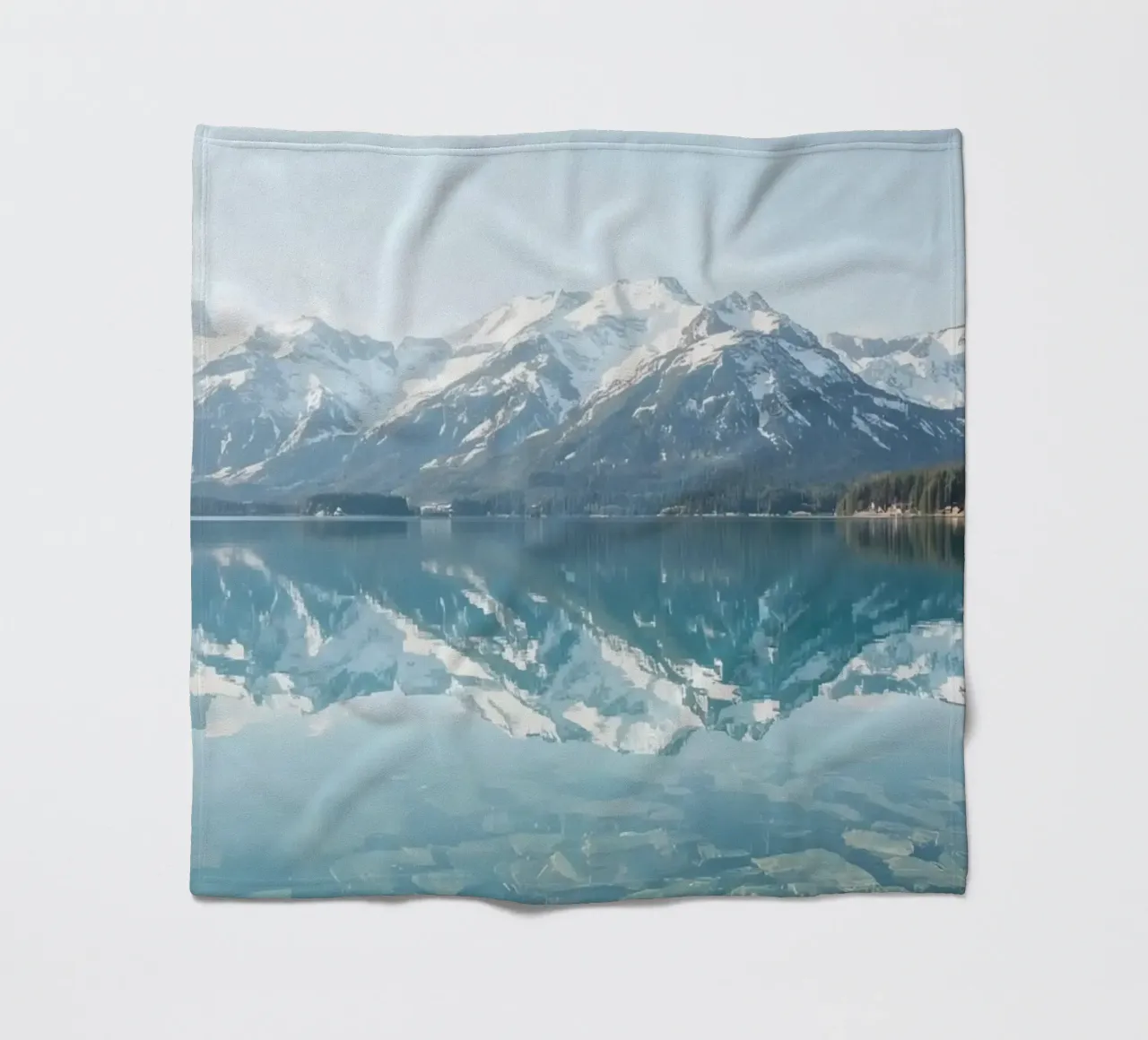 Snow-capped Mountains Reflected in a Calm Lake with Forested fleece blanket by DesignDoodle