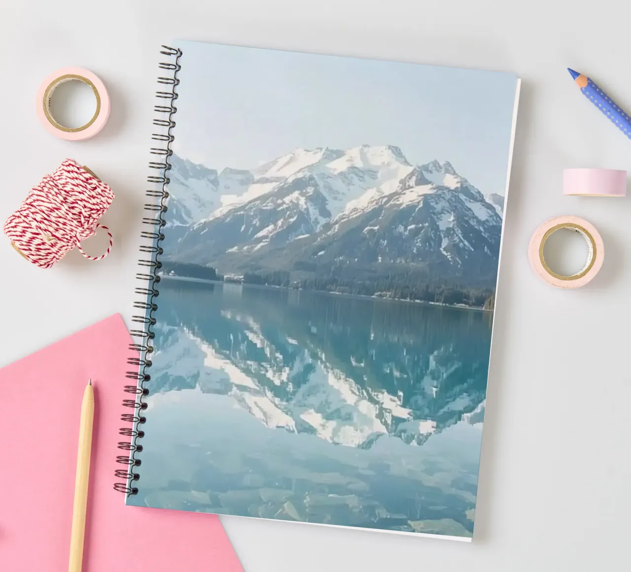 Snow-capped Mountains Reflected in a Calm Lake with Forested spiral notebook by DesignDoodle