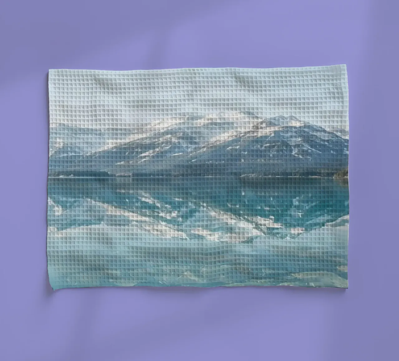 Snow-capped Mountains Reflected in a Calm Lake with Forested tea towel by DesignDoodle