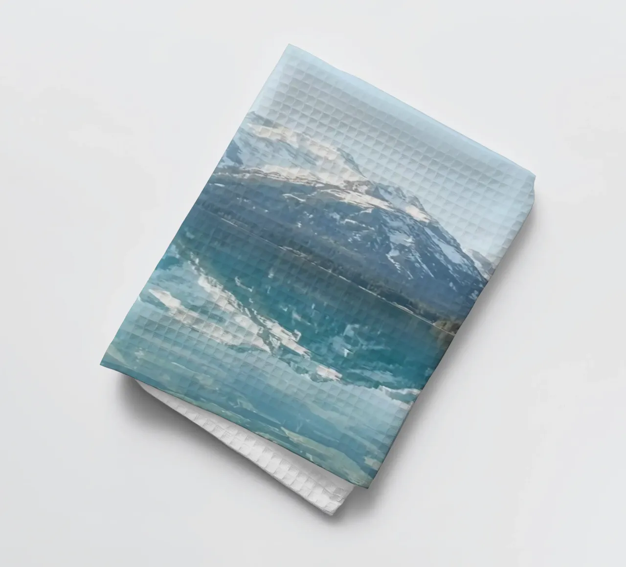Snow-capped Mountains Reflected in a Calm Lake with Forested tea towel by DesignDoodle