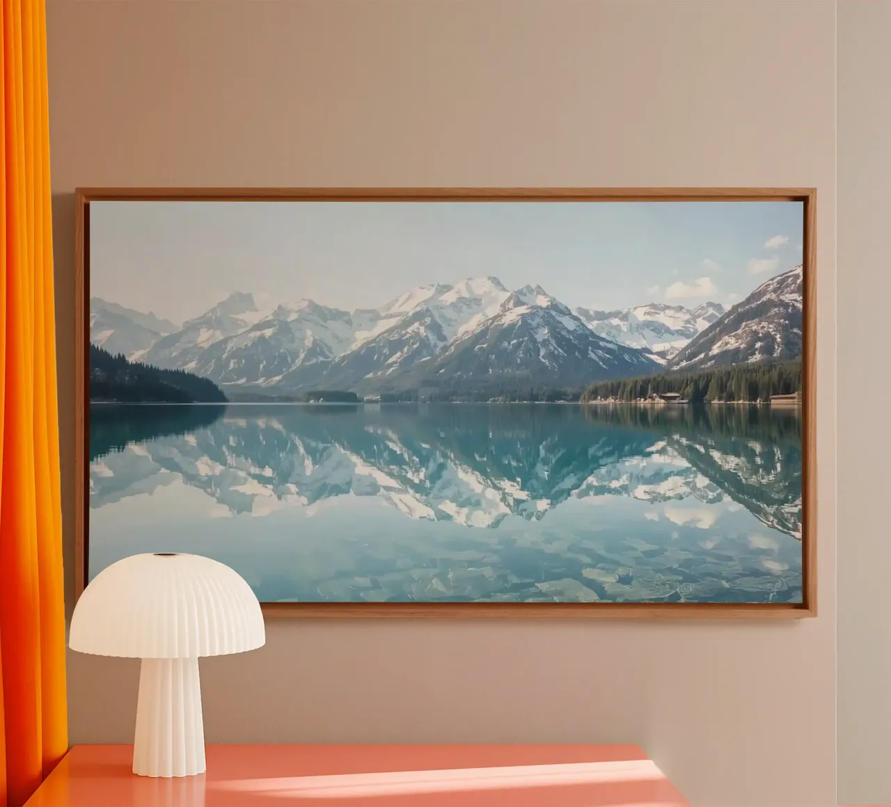 Snow-capped Mountains Reflected in a Calm Lake with Forested canvas by DesignDoodle