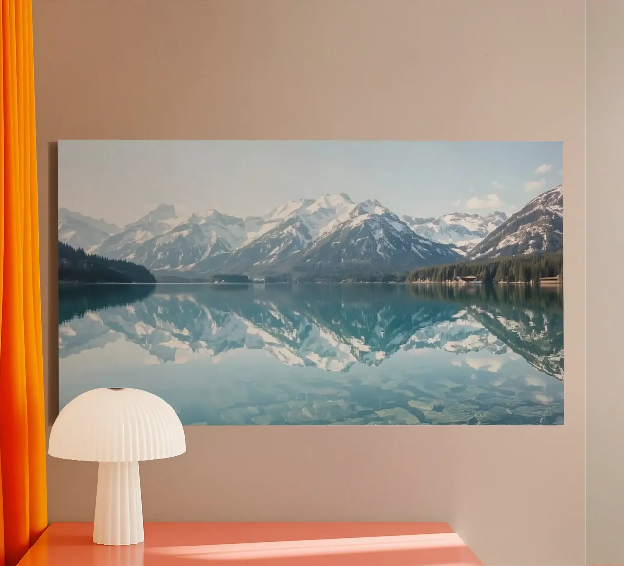 Snow-capped Mountains Reflected in a Calm Lake with Forested canvas by DesignDoodle