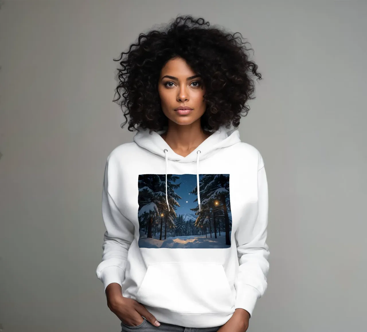 Foresta innevata di notte con luci stellari felpa con cappuccio da DesignDoodle