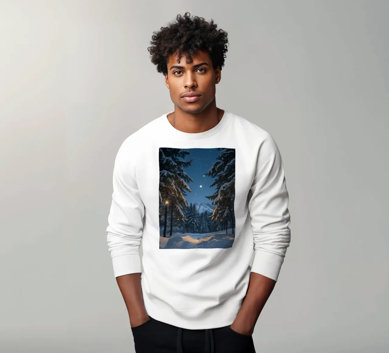 Foresta innevata di notte con luci stellari felpa da DesignDoodle