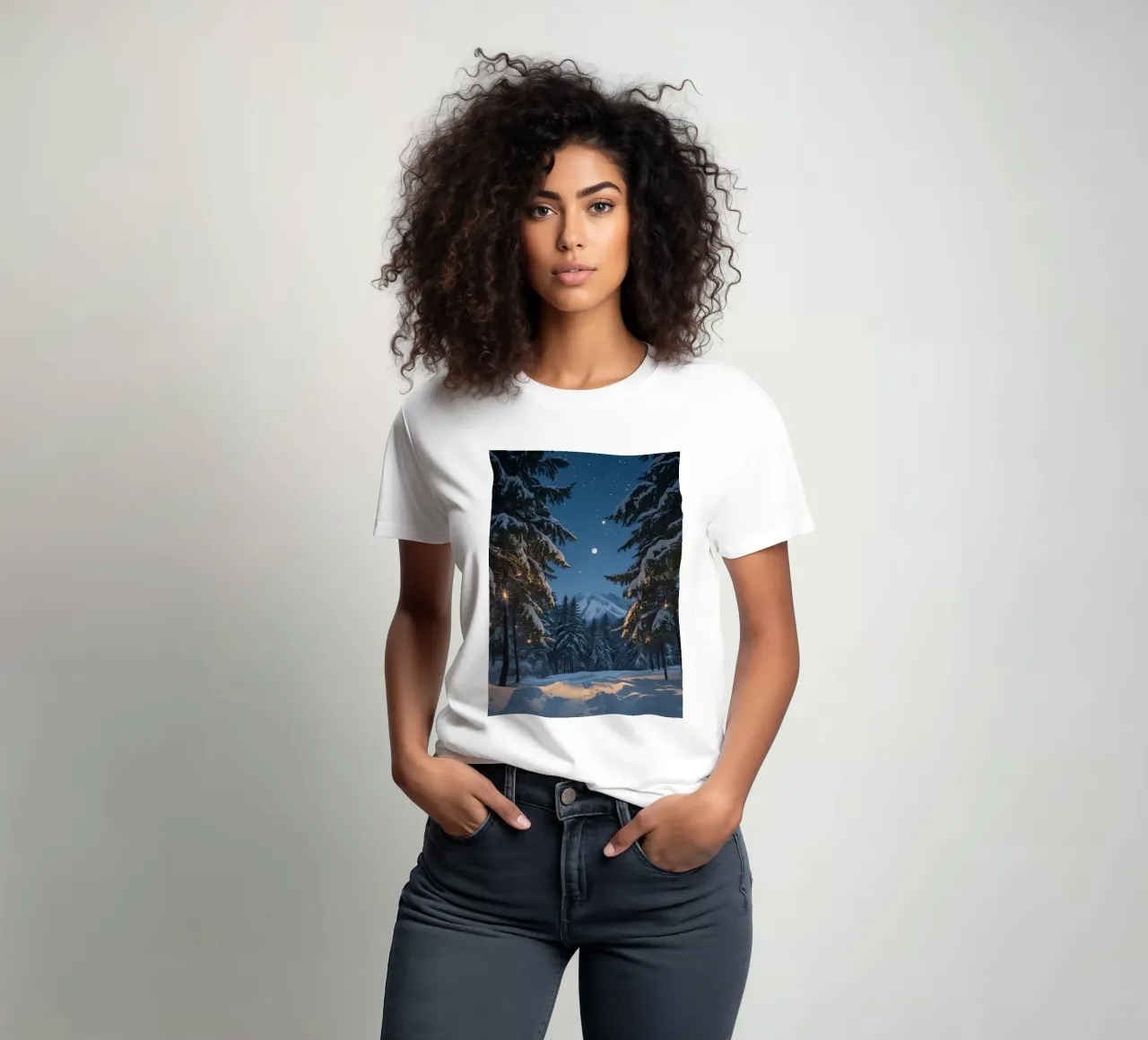 Foresta innevata di notte con luci stellari t-shirt da DesignDoodle