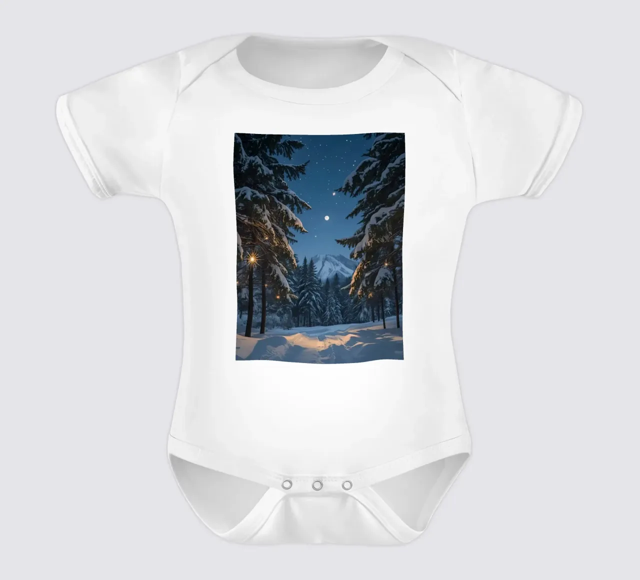 Foresta innevata di notte con luci stellari body neonato maniche corte da DesignDoodle