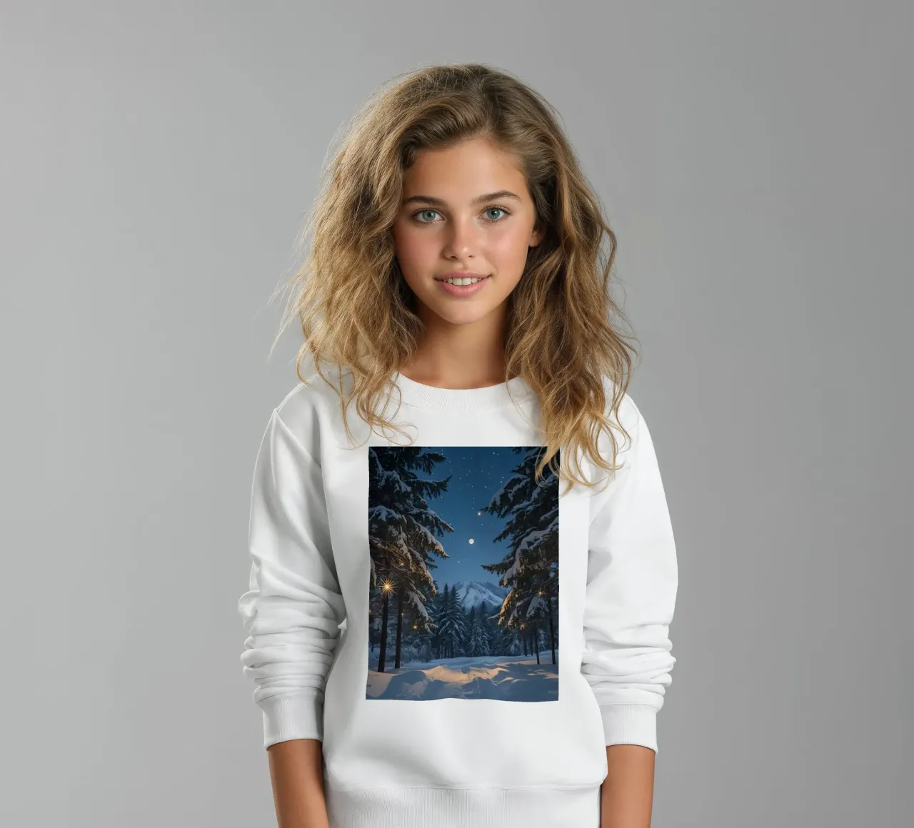 Foresta innevata di notte con luci stellari felpa bambino da DesignDoodle