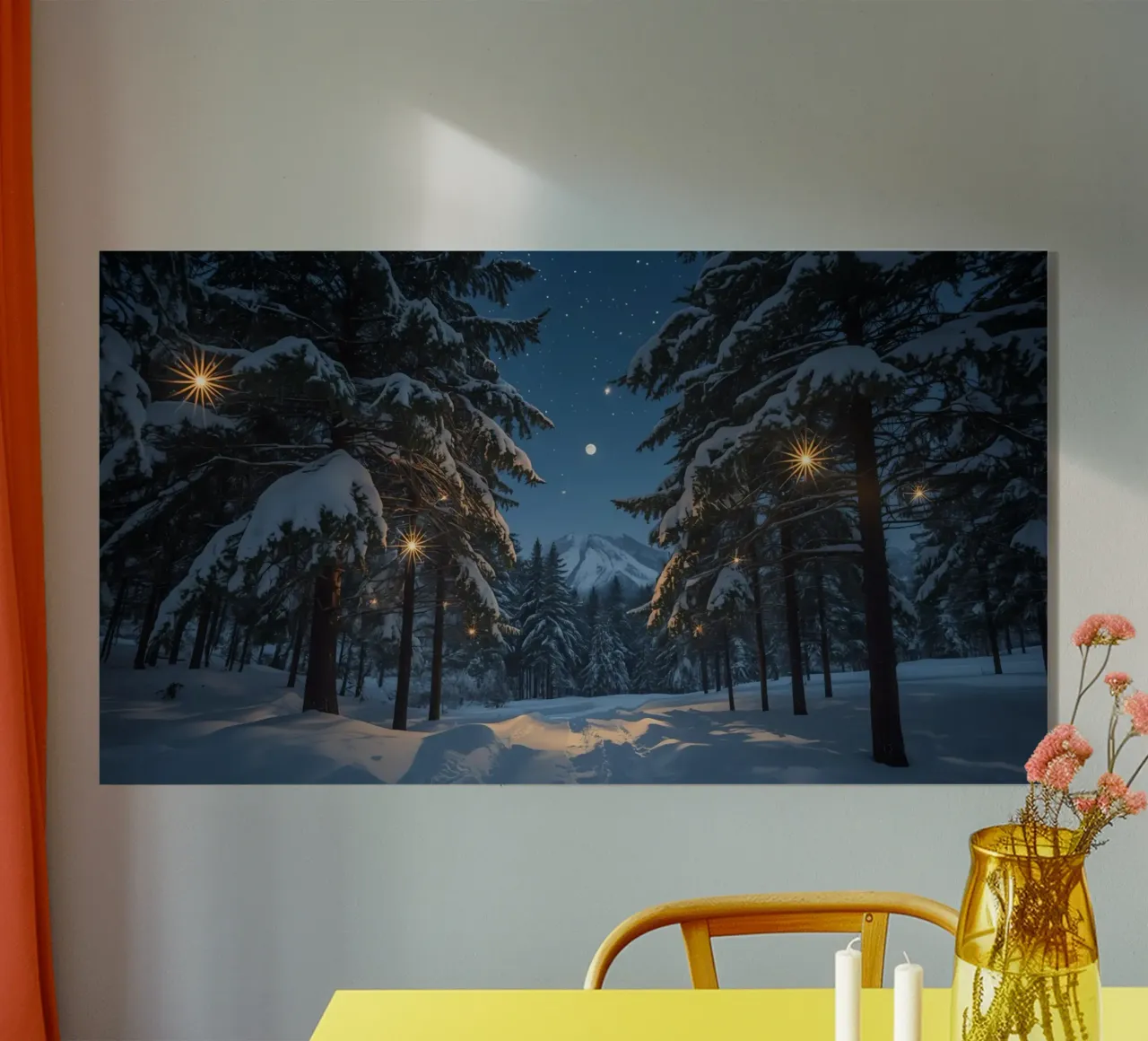 Foresta innevata di notte con luci stellari plexiglass da DesignDoodle