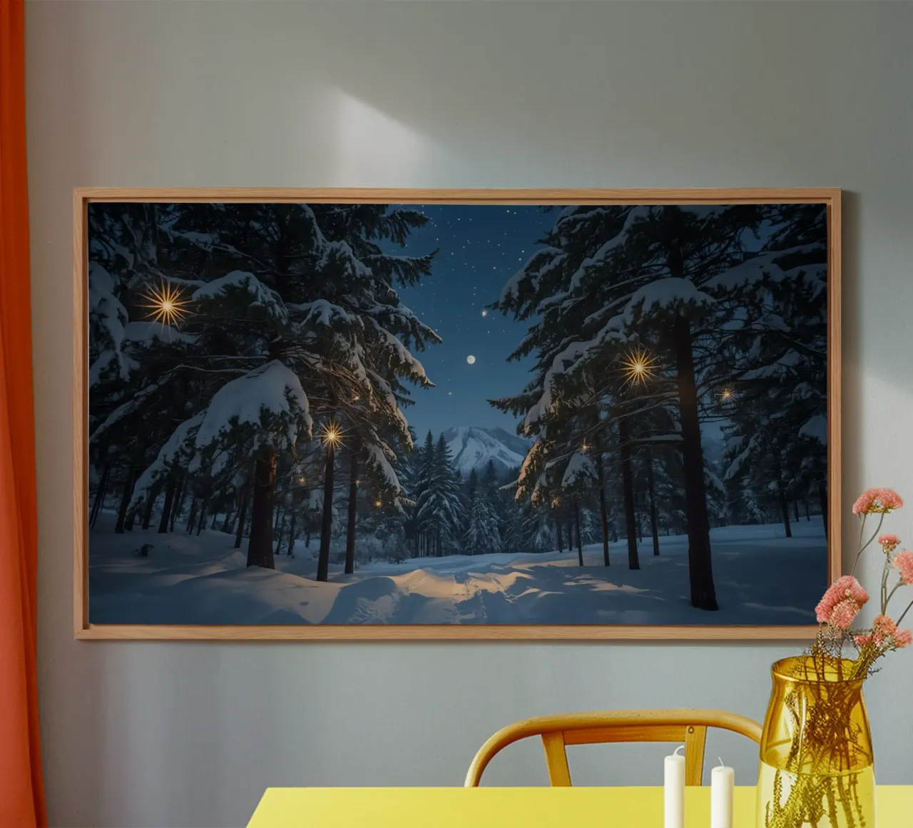 Foresta innevata di notte con luci stellari alluminio dibond da DesignDoodle