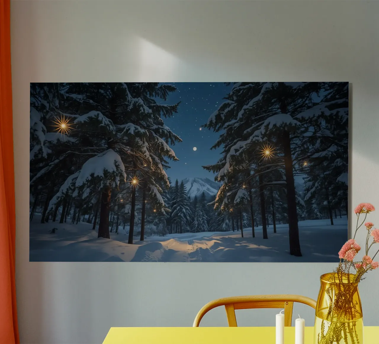 Foresta innevata di notte con luci stellari alluminio dibond da DesignDoodle