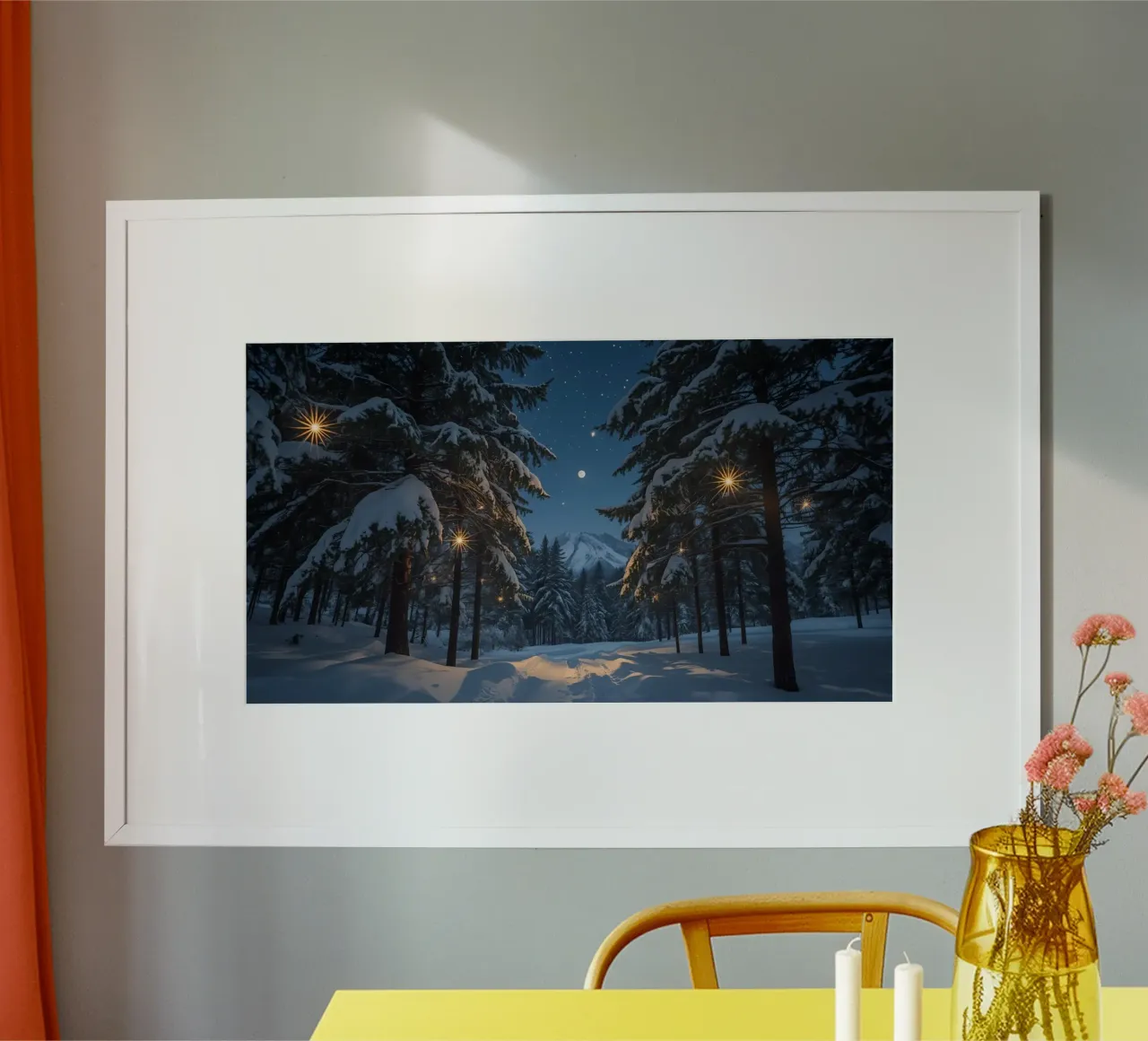Foresta innevata di notte con luci stellari carta hahnemühle da DesignDoodle