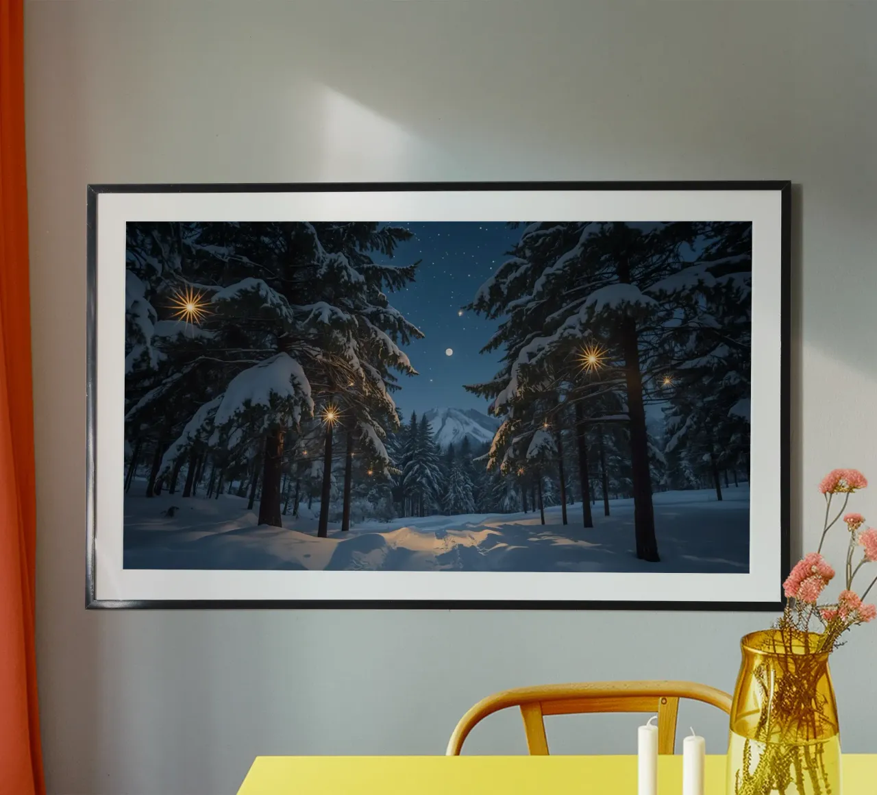 Foresta innevata di notte con luci stellari carta hahnemühle da DesignDoodle