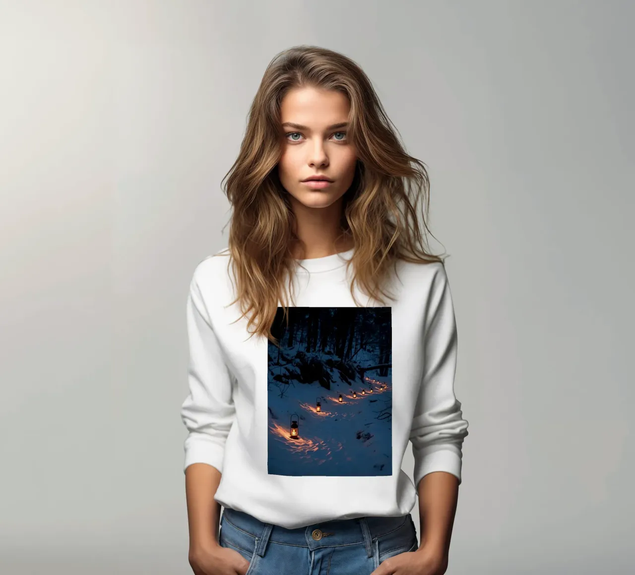 Snowy Forest Path Lined with Lanterns sweatshirt by DesignDoodle