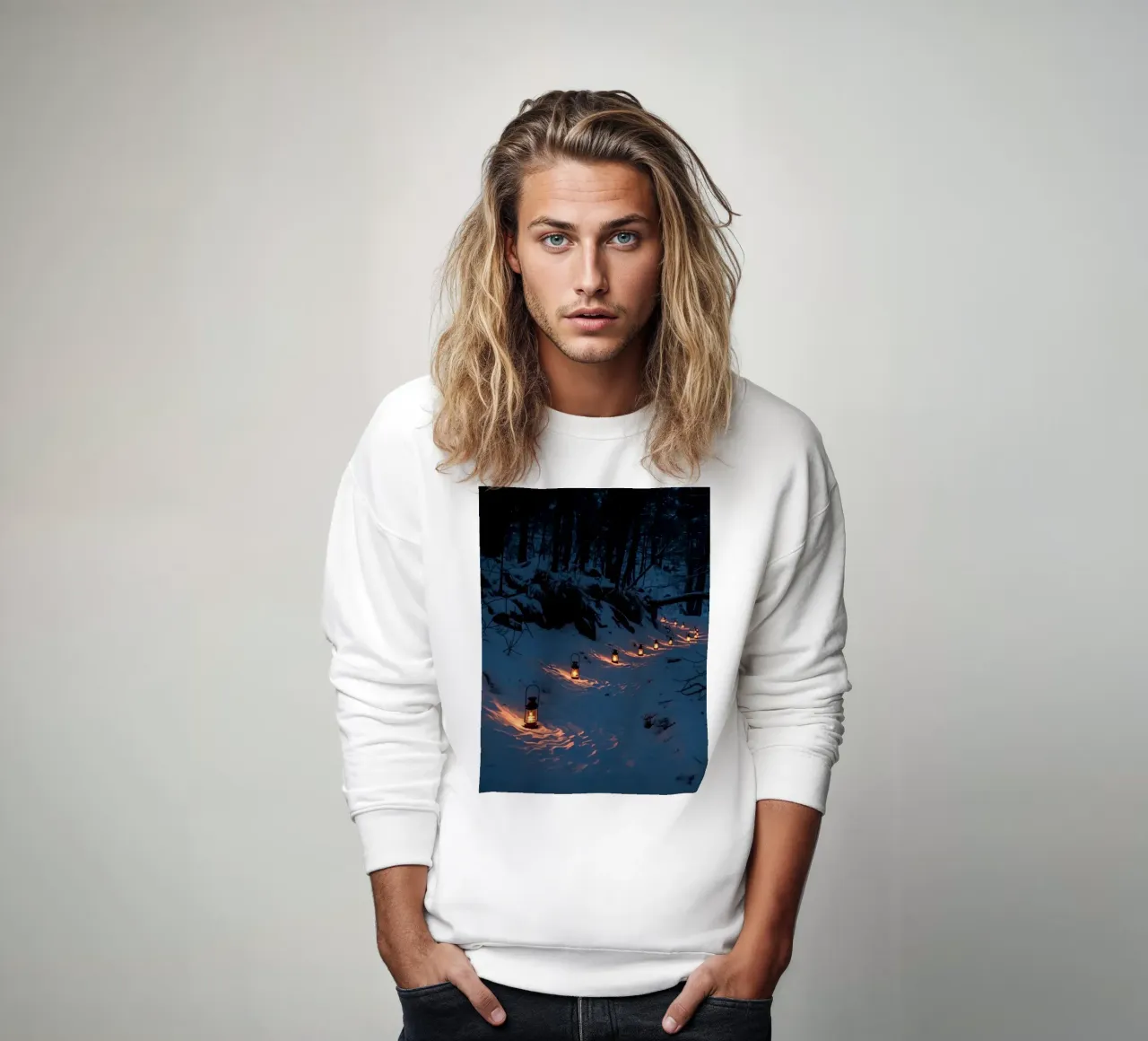 Snowy Forest Path Lined with Lanterns sweatshirt by DesignDoodle