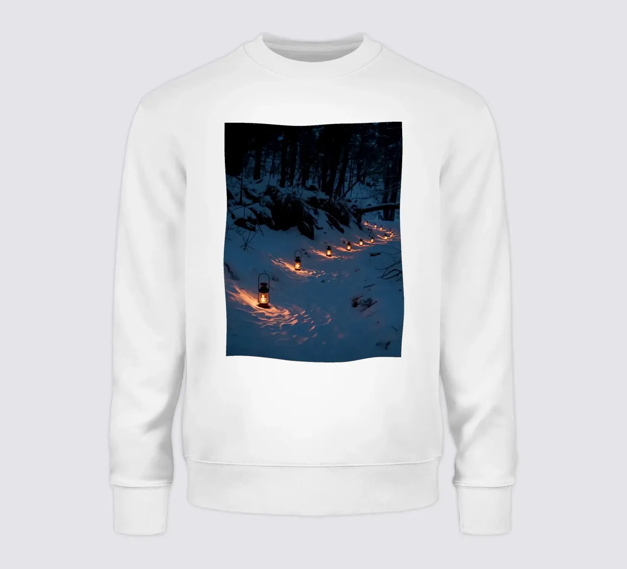 Snowy Forest Path Lined with Lanterns sweatshirt by DesignDoodle