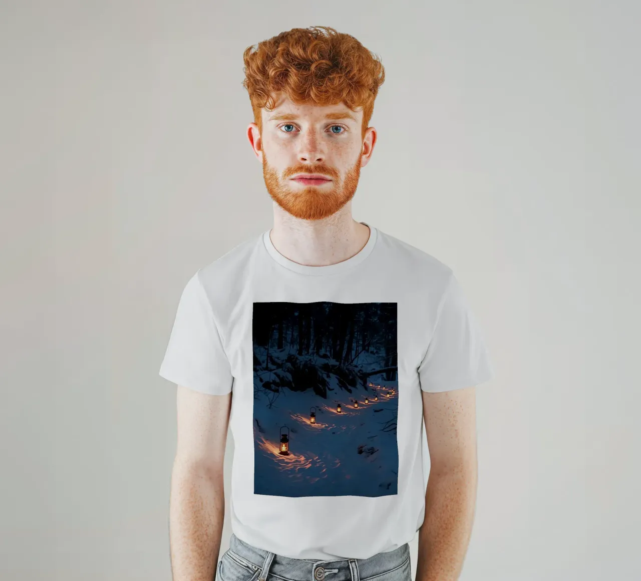 Snowy Forest Path Lined with Lanterns t-shirt by DesignDoodle