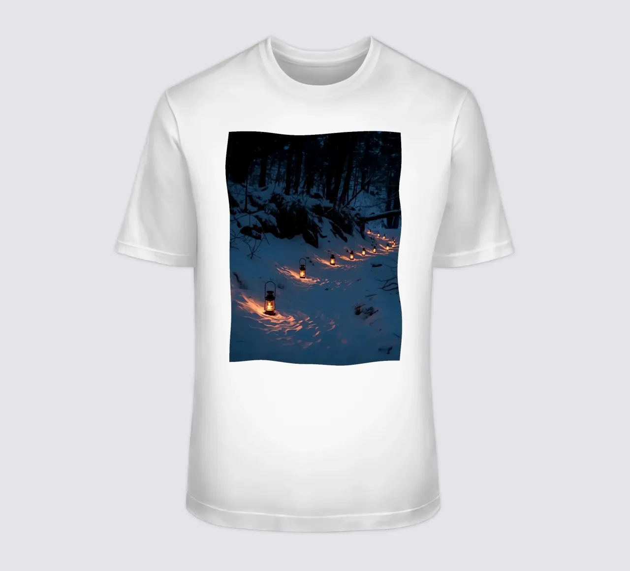 Snowy Forest Path Lined with Lanterns t-shirt by DesignDoodle