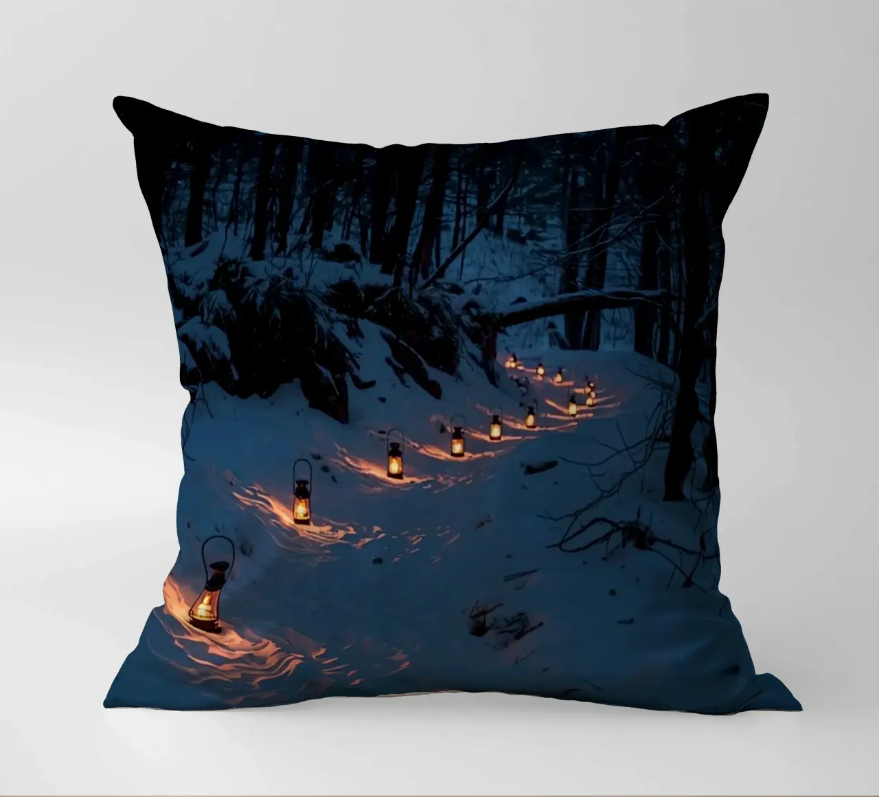 Snowy Forest Path Lined with Lanterns decorative cushion by DesignDoodle