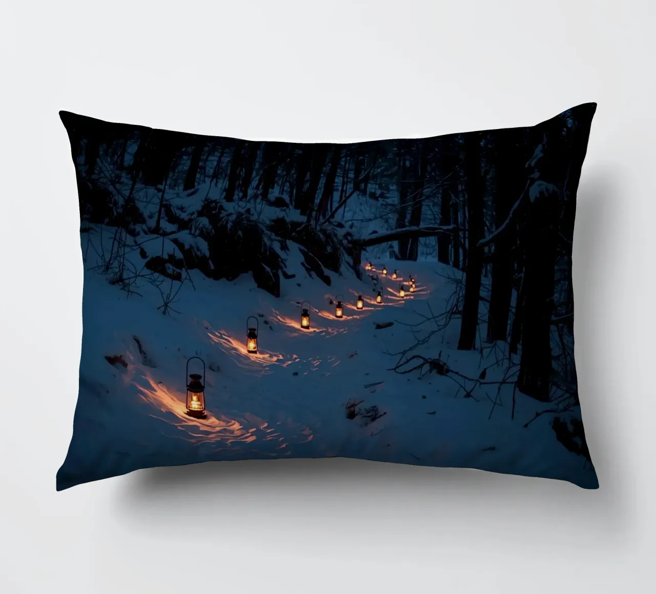 Snowy Forest Path Lined with Lanterns decorative cushion by DesignDoodle