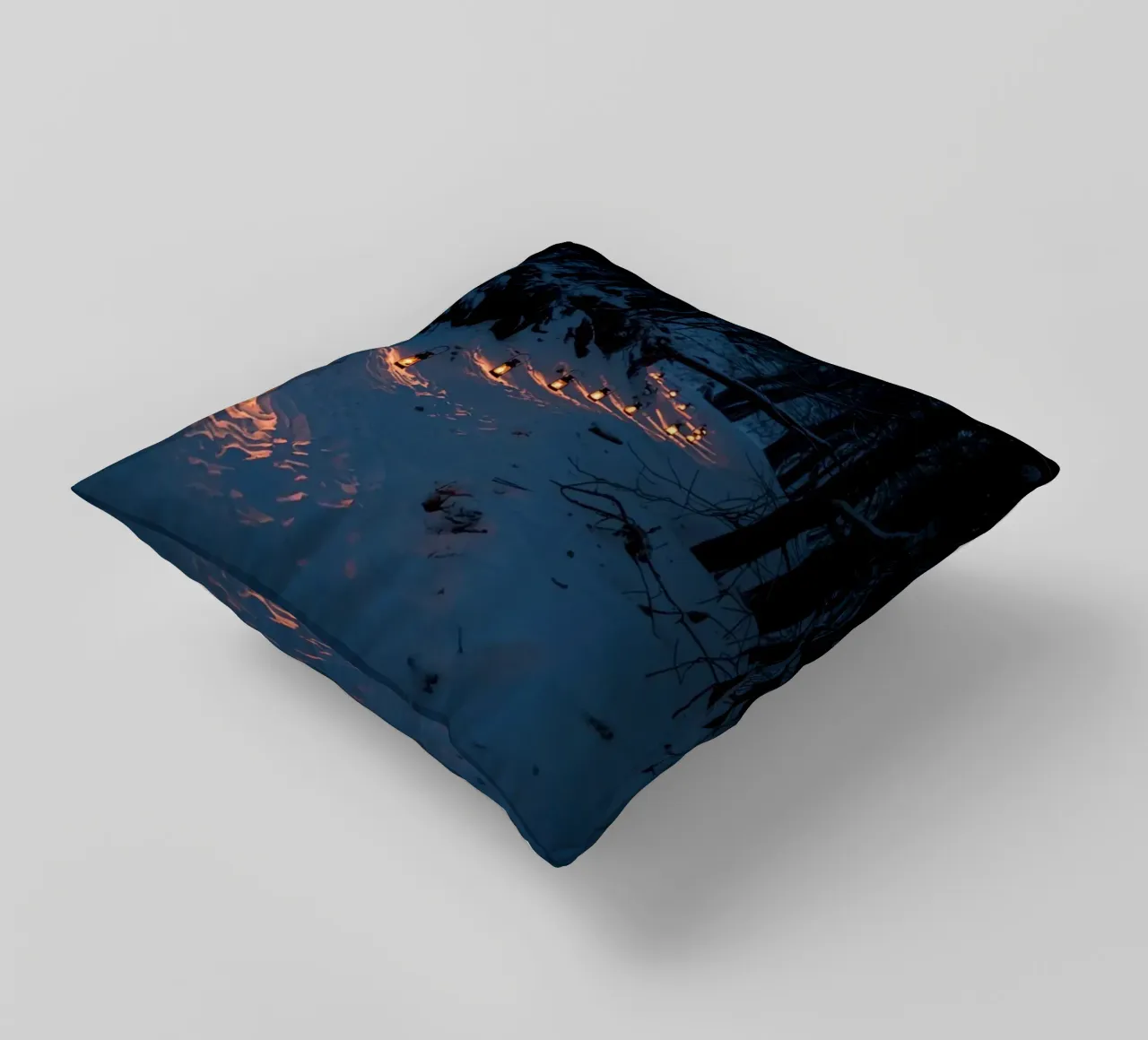 Snowy Forest Path Lined with Lanterns decorative cushion by DesignDoodle