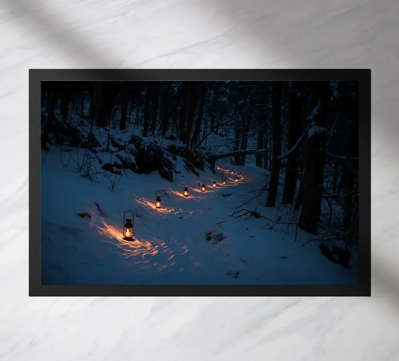 Snowy Forest Path Lined with Lanterns doormat by DesignDoodle
