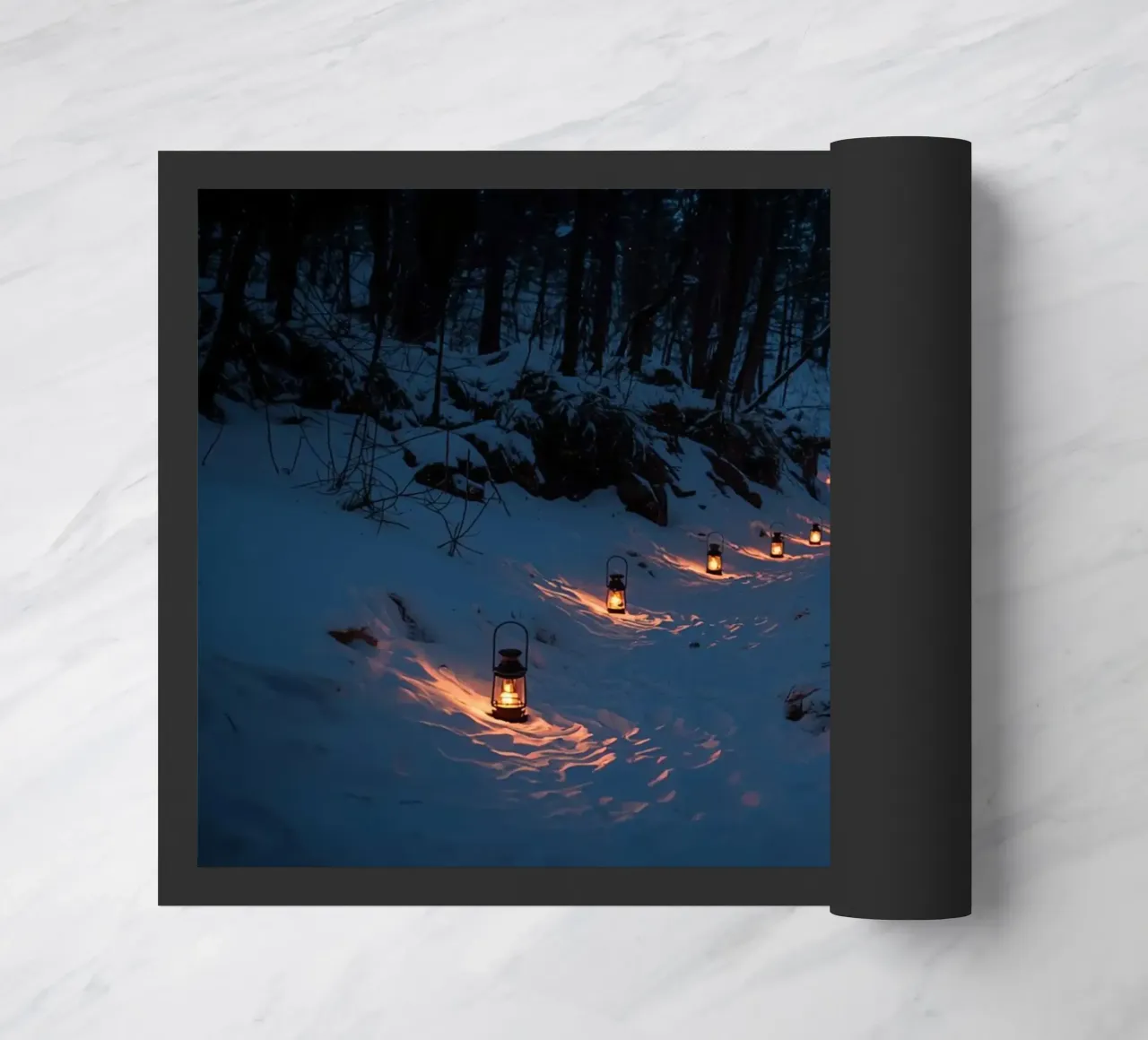 Snowy Forest Path Lined with Lanterns doormat by DesignDoodle