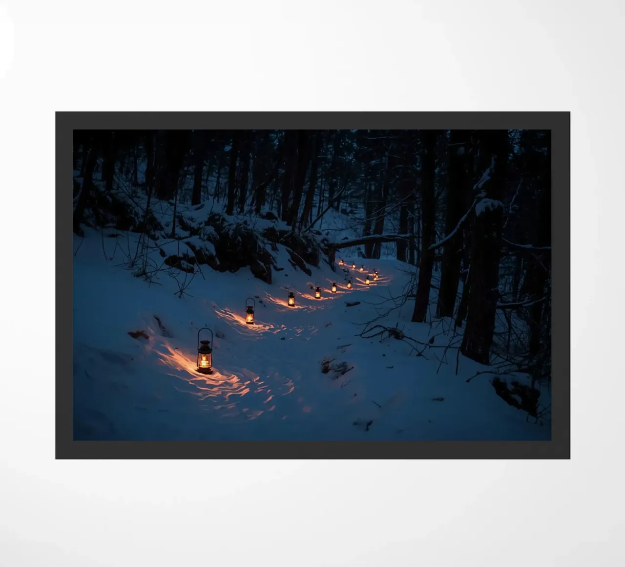 Snowy Forest Path Lined with Lanterns doormat by DesignDoodle