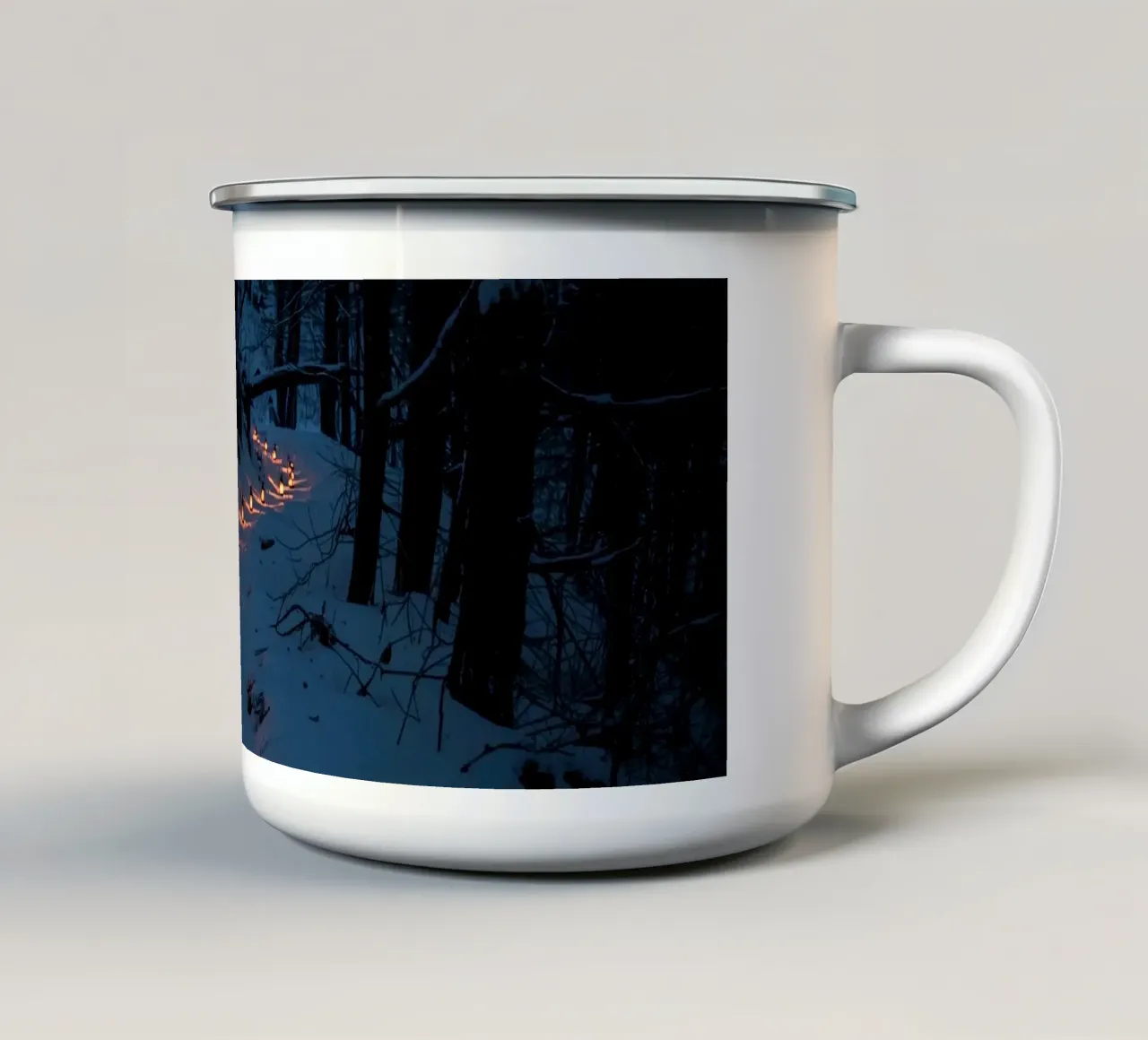 Snowy Forest Path Lined with Lanterns enamel mug by DesignDoodle