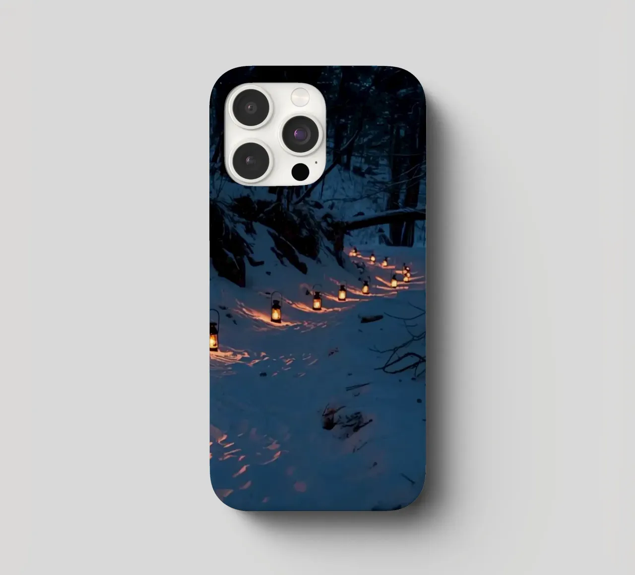 Snowy Forest Path Lined with Lanterns iphone case by DesignDoodle