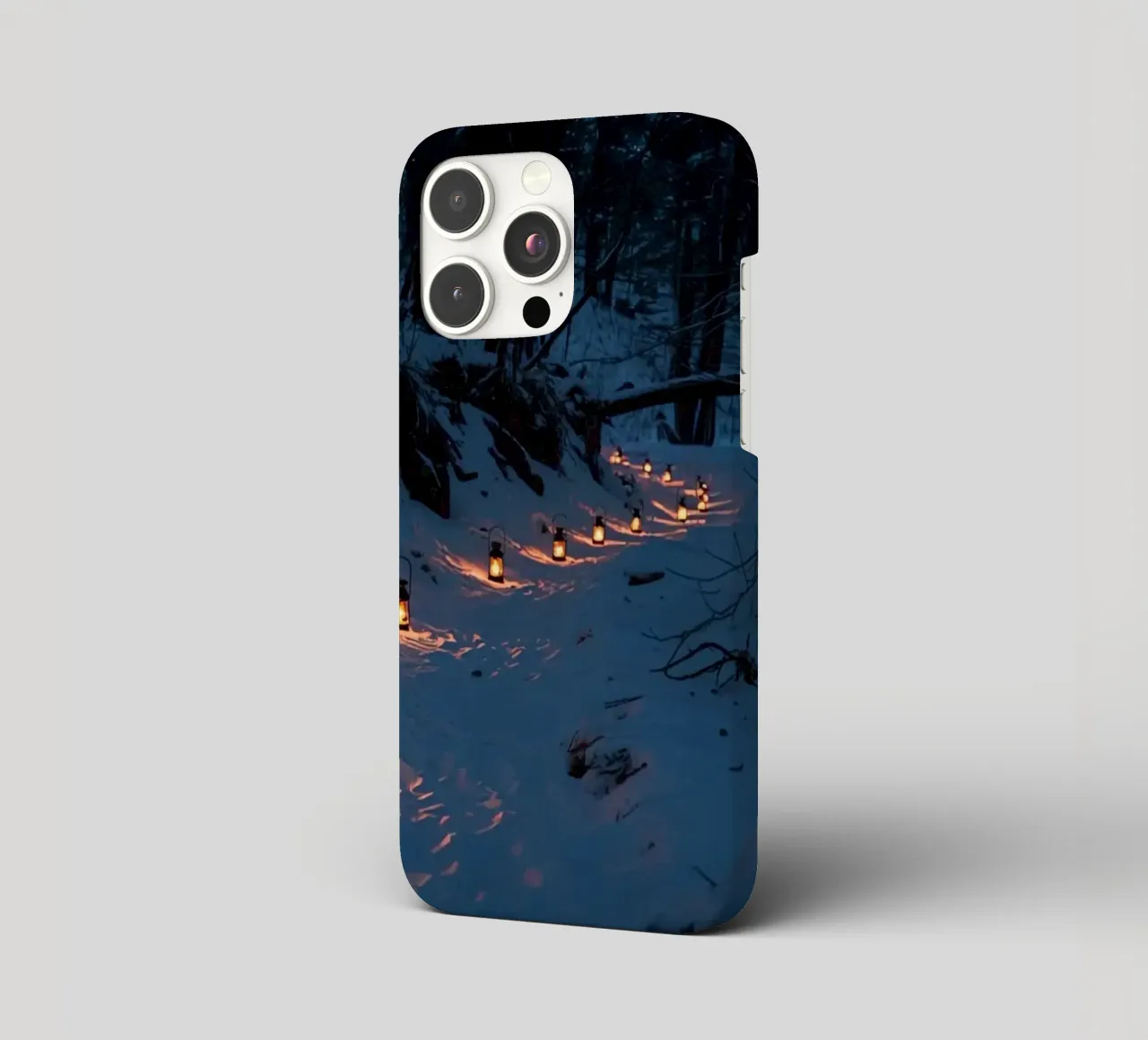 Snowy Forest Path Lined with Lanterns iphone case by DesignDoodle