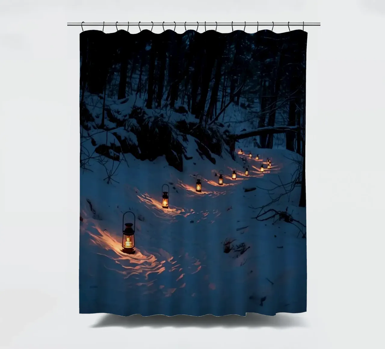 Snowy Forest Path Lined with Lanterns shower curtain by DesignDoodle