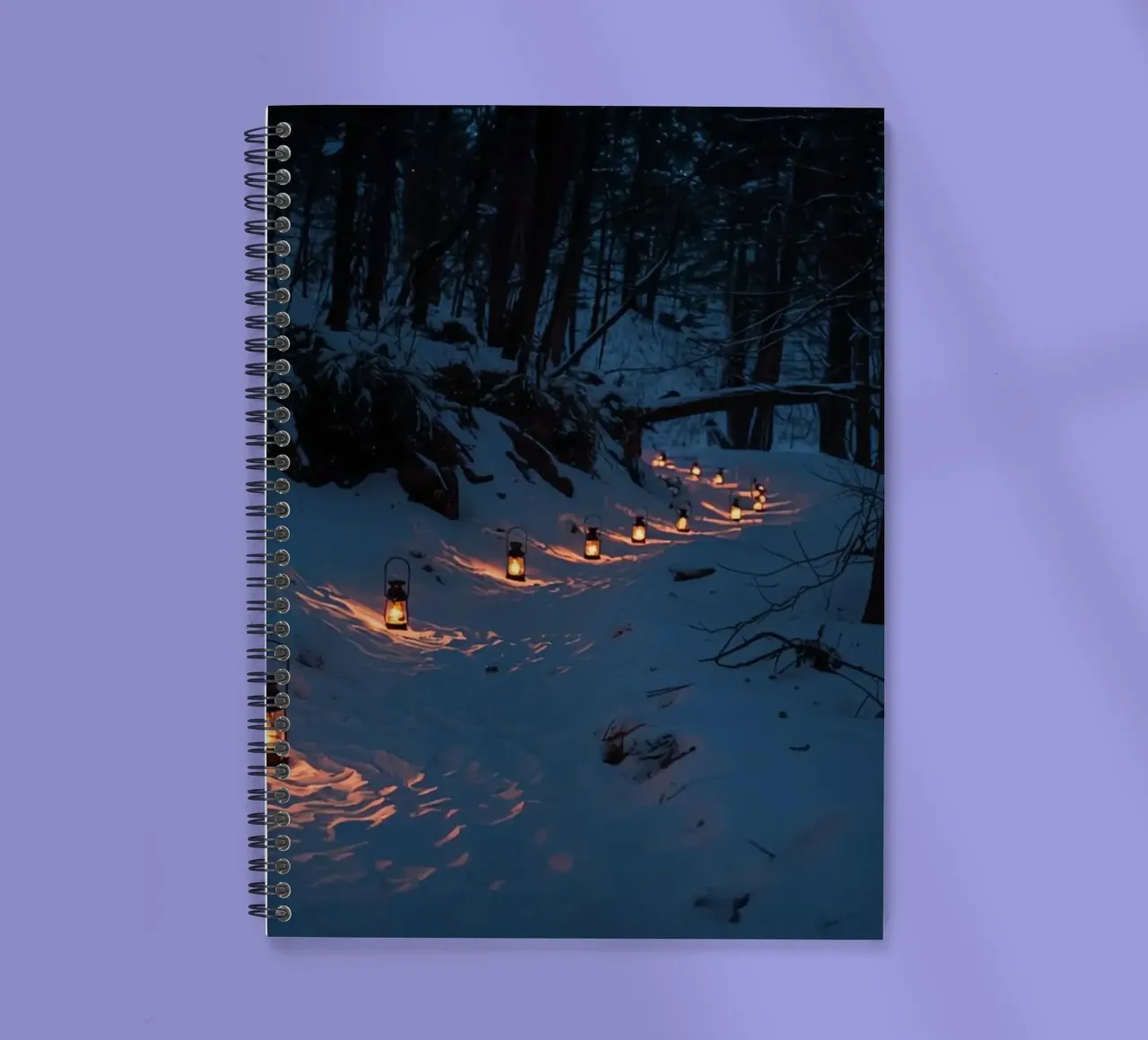 Snowy Forest Path Lined with Lanterns spiral notebook by DesignDoodle