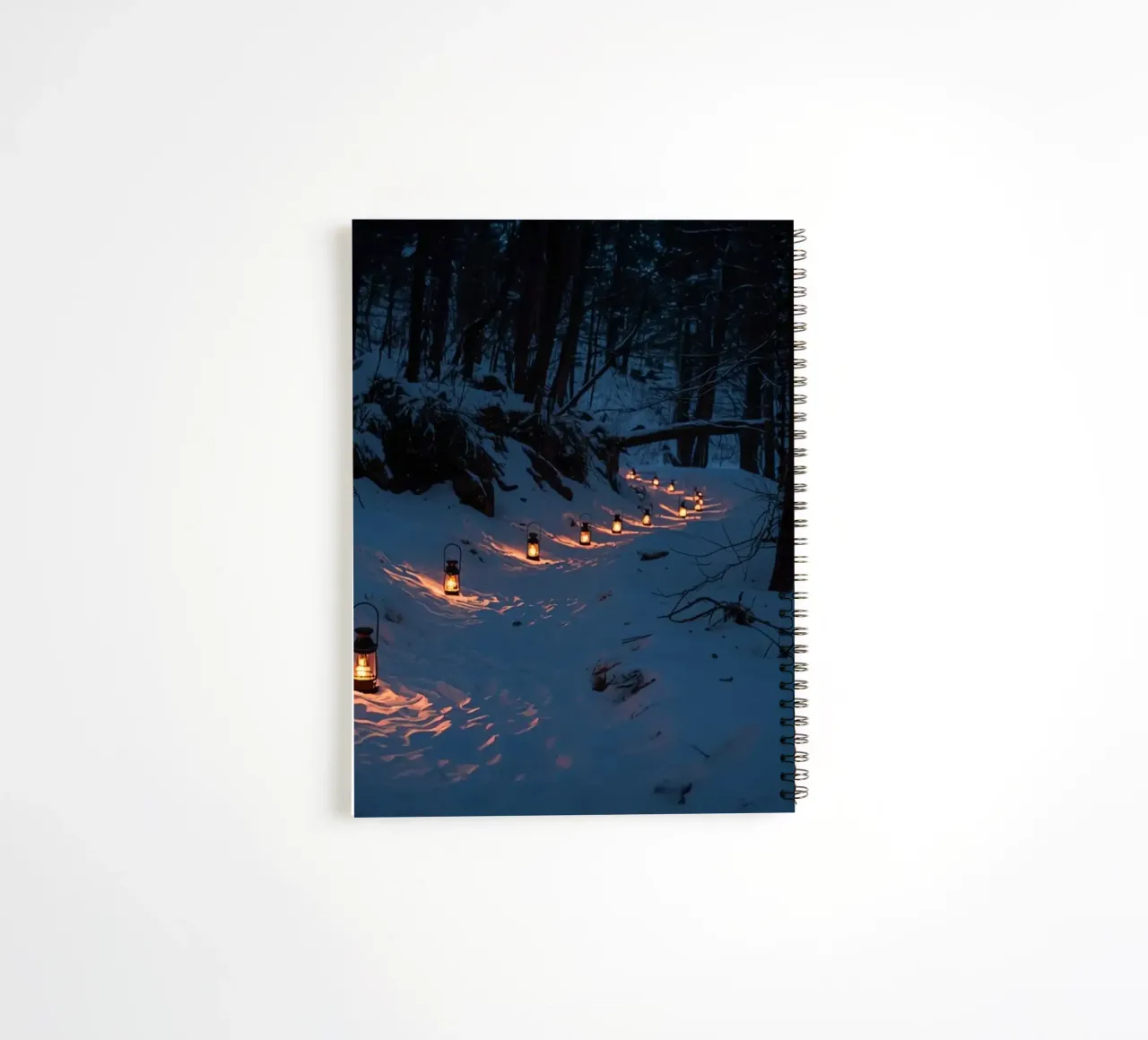 Snowy Forest Path Lined with Lanterns spiral notebook by DesignDoodle
