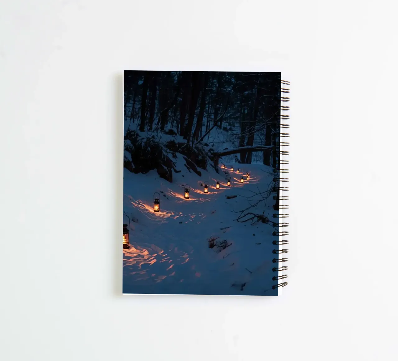 Snowy Forest Path Lined with Lanterns spiral notebook by DesignDoodle