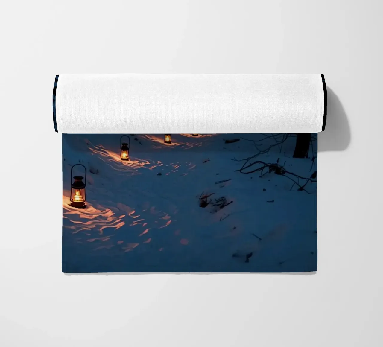 Snowy Forest Path Lined with Lanterns beach towel by DesignDoodle