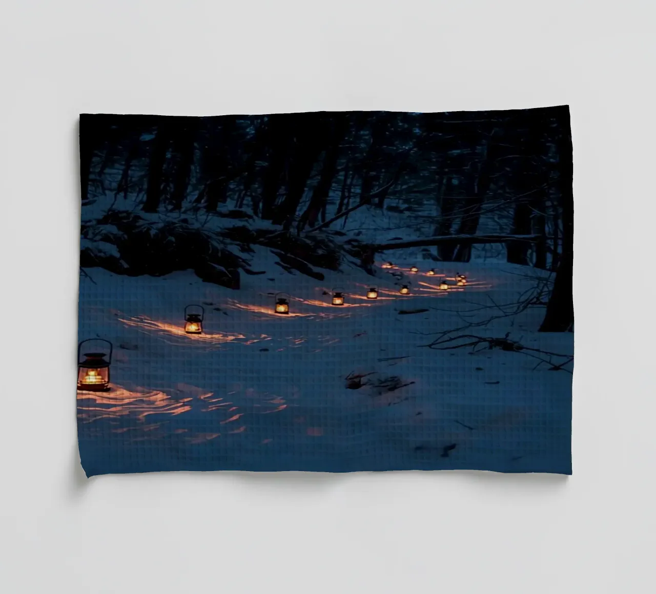 Snowy Forest Path Lined with Lanterns tea towel by DesignDoodle