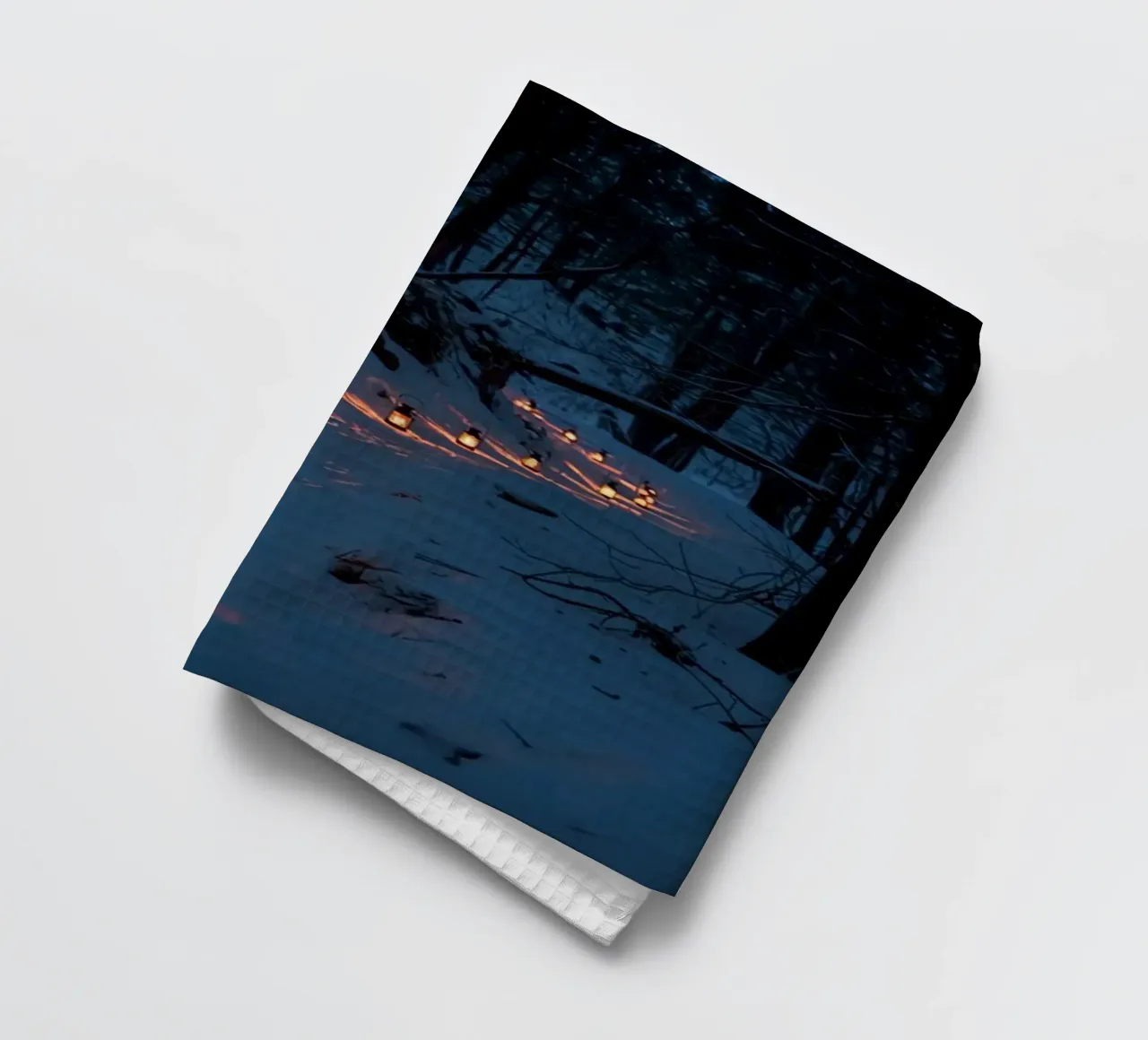 Snowy Forest Path Lined with Lanterns tea towel by DesignDoodle