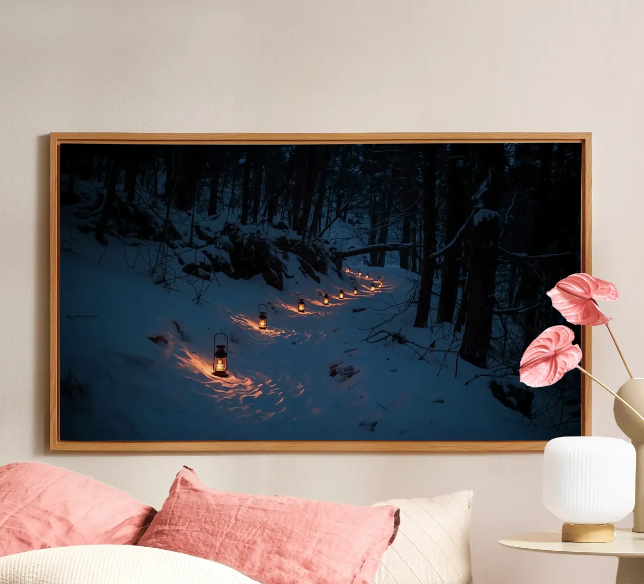 Snowy Forest Path Lined with Lanterns alu-dibond by DesignDoodle