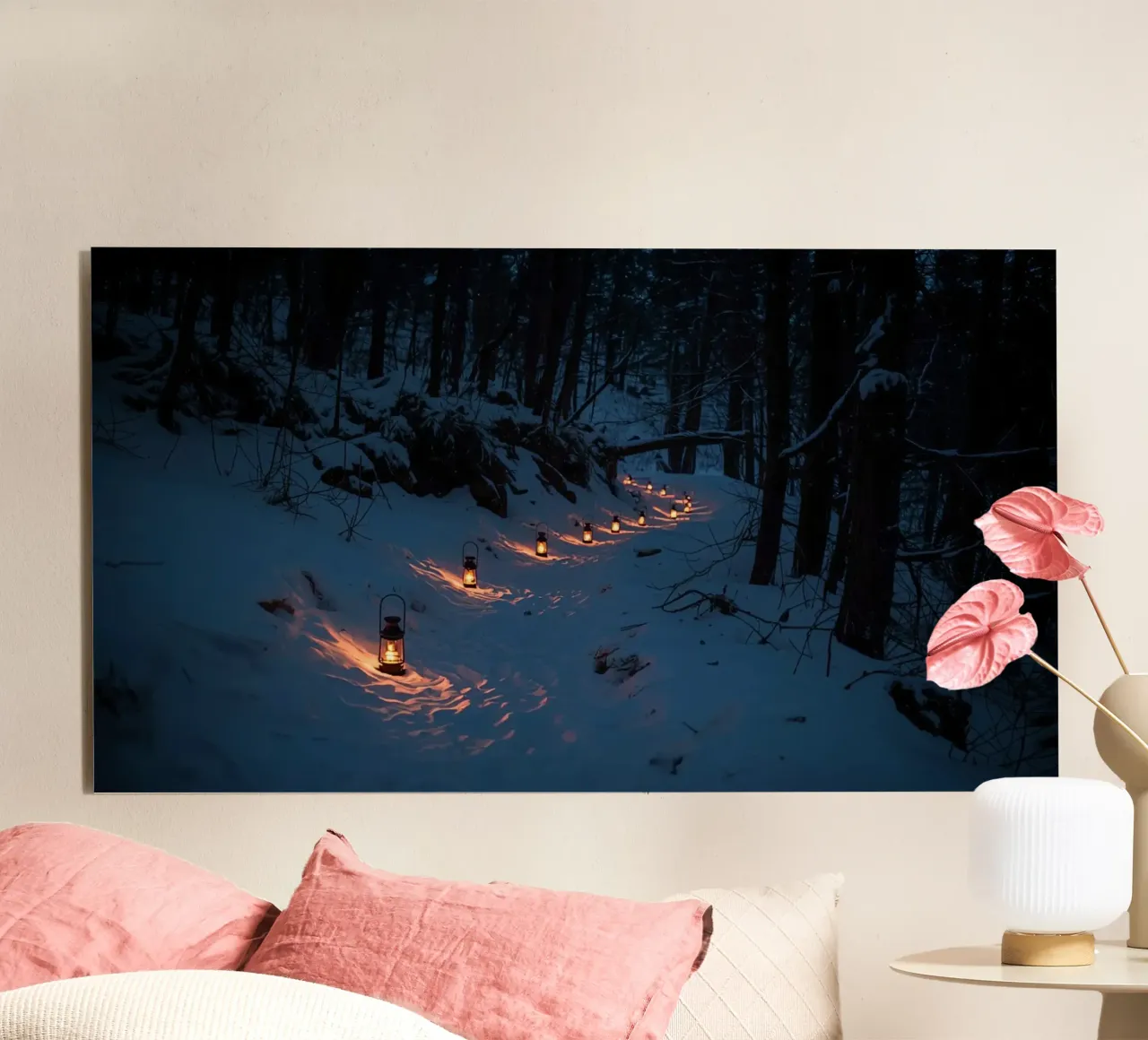 Snowy Forest Path Lined with Lanterns alu-dibond by DesignDoodle