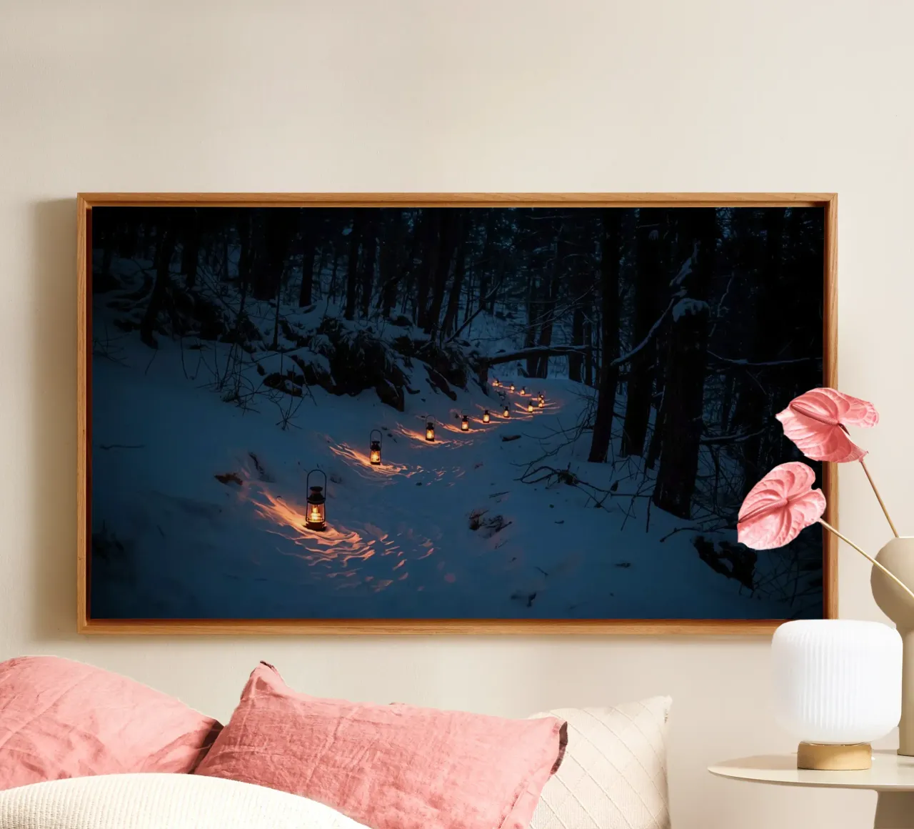 Snowy Forest Path Lined with Lanterns canvas by DesignDoodle