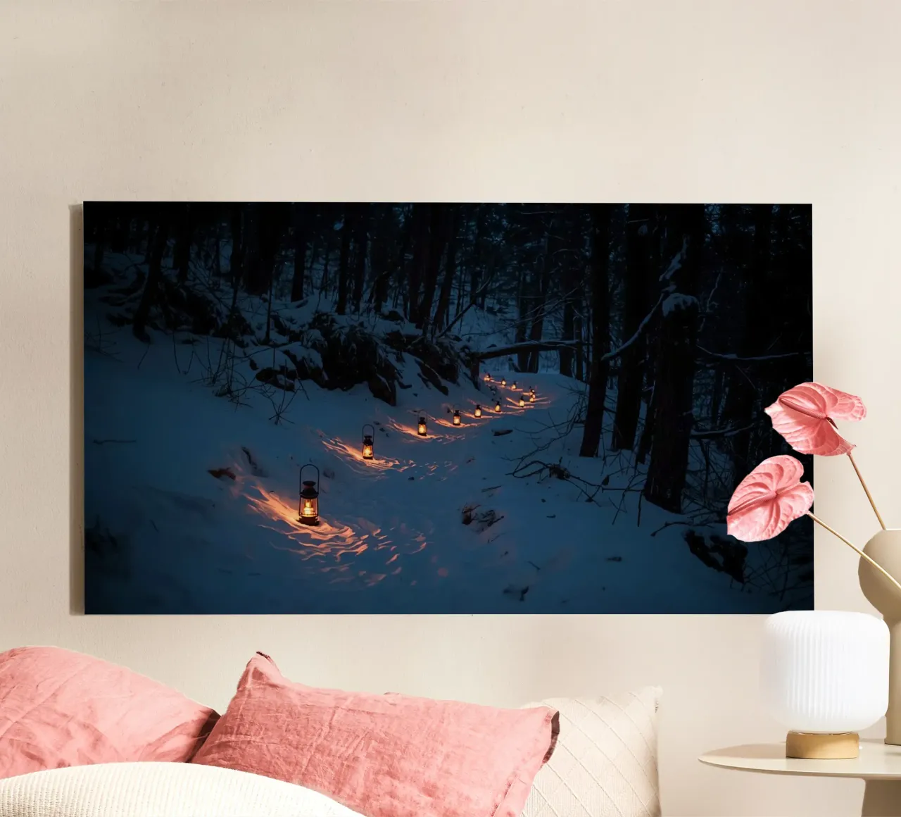 Snowy Forest Path Lined with Lanterns canvas by DesignDoodle