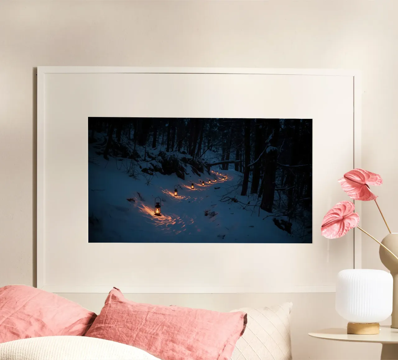 Snowy Forest Path Lined with Lanterns hahnemühle by DesignDoodle