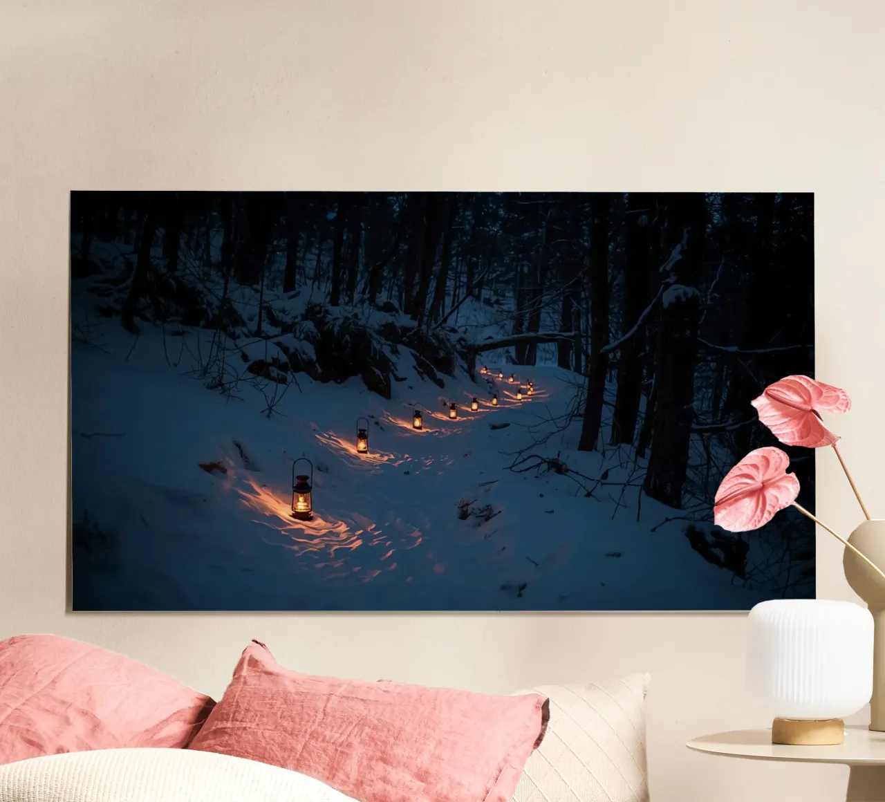 Snowy Forest Path Lined with Lanterns hahnemühle by DesignDoodle
