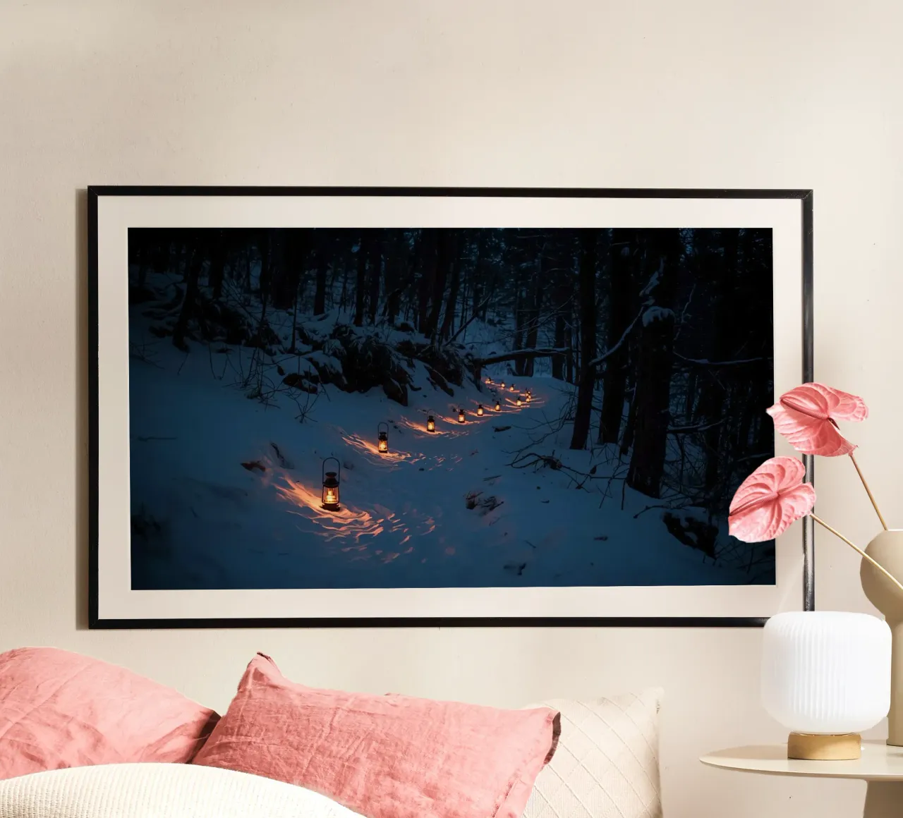 Snowy Forest Path Lined with Lanterns hahnemühle by DesignDoodle