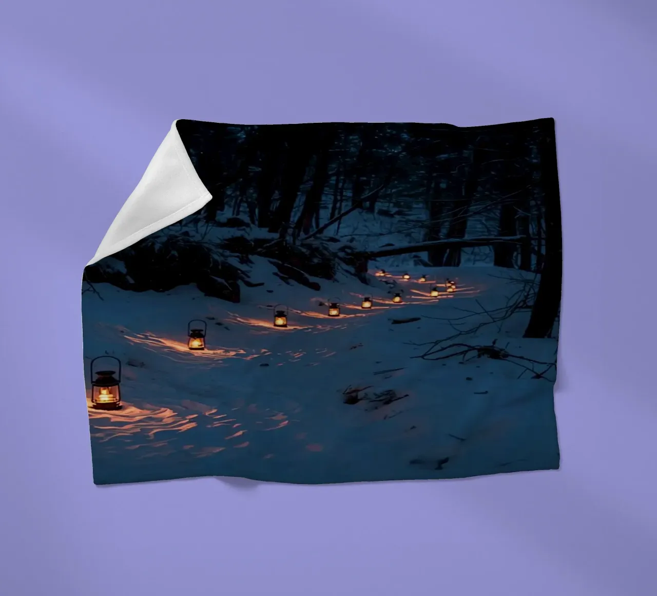 Snowy Forest Path Lined with Lanterns fleece blanket by DesignDoodle