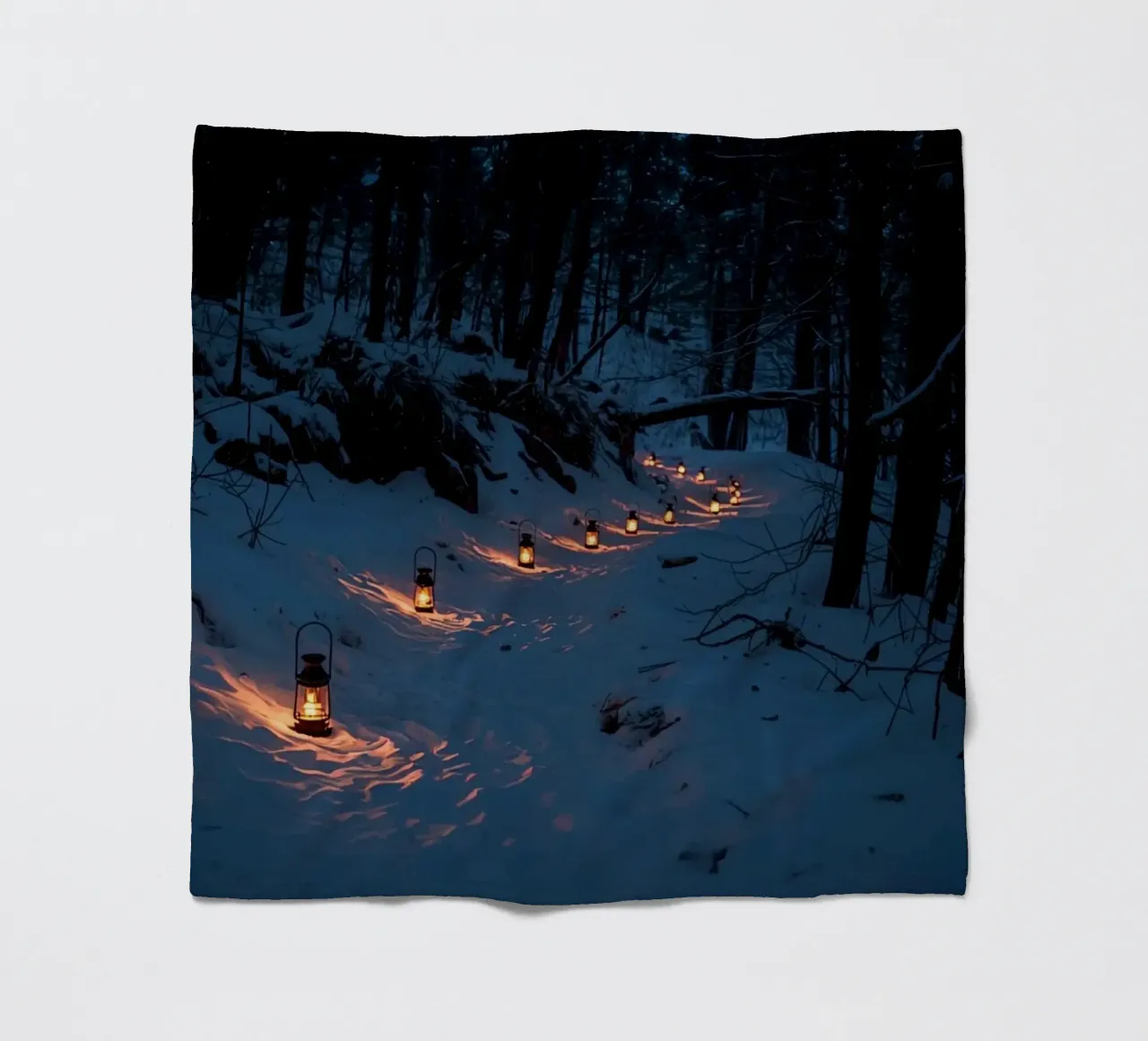 Snowy Forest Path Lined with Lanterns fleece blanket by DesignDoodle