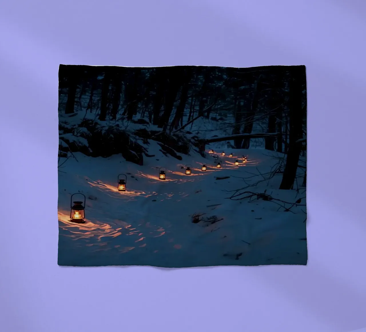 Snowy Forest Path Lined with Lanterns fleece blanket by DesignDoodle